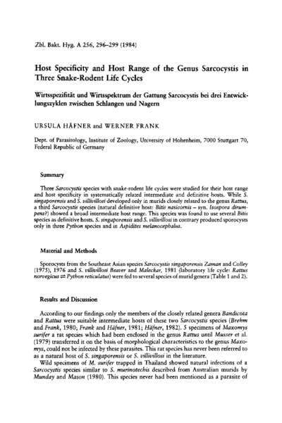 Host specificity and host range of the genus sarcocystis in three snake-rodent life cycles