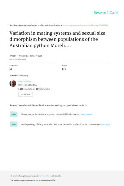 Variation in mating systems and sexual size dimorphism between populations of the Australian python <Emphasis Type="Italic">Morelia spilota</Emphasis> (Serpentes: Pythonidae)