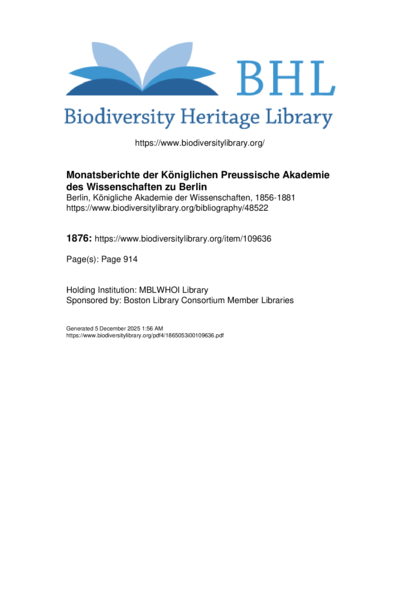 Monatsberichte der Königlichen Preussische Akademie des Wissenschaften zu Berlin Berlin, Königliche Akademie der Wissenschaften, 1856-1881