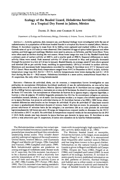 Ecology of the Beaded Lizard, Heloderma horridum, in a Tropical Dry Forest in Jalisco, Mexico