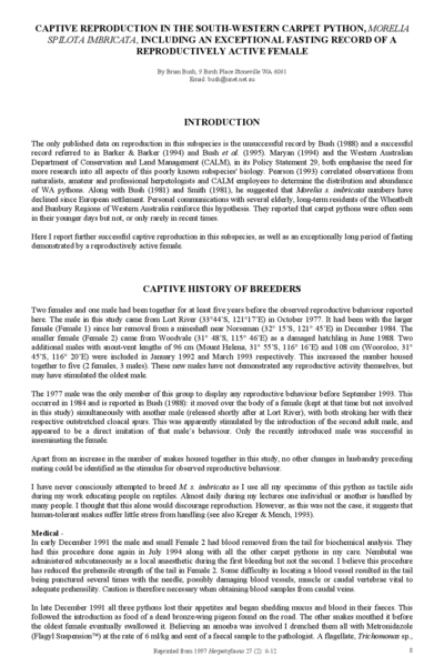 Captive reproduction in the south western carpet python, Morelia spilotes imbricata, including an exceptional fasting record of a reproductively active female