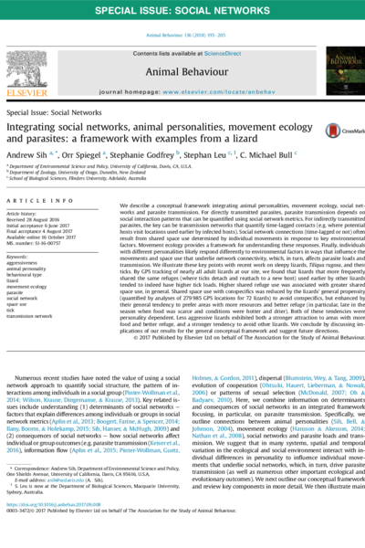 Integrating social networks, animal personalities, movement ecology and parasites: a framework with examples from a lizard