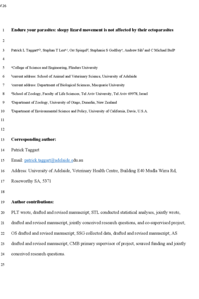 Endure your parasites: sleepy lizard movement is not affected by their ectoparasites