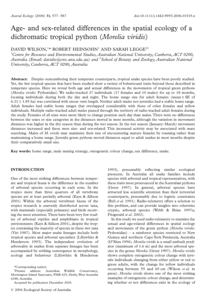 Age‐ and sex‐related differences in the spatial ecology of a dichromatic tropical python (Morelia viridis)