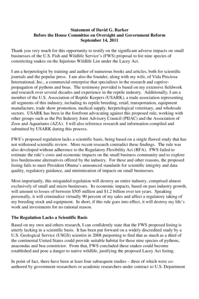 Statement of David G. Barker Before the House Committee on Oversight and Government Reform