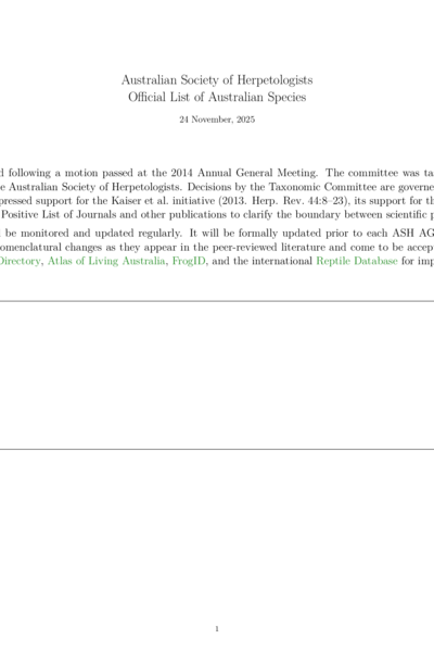 Australian Society of Herpetologists Official List of Australian Species