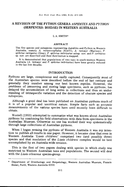 A revision of the python genera Aspidites and Python (Serpentes: Boidae) in Western Australia