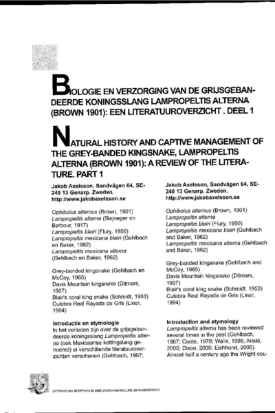 Natural history and captive management of the Grey-banded Kingsnake, Lampropeltis alterna (brown 1901): a review of the literature. Part 1