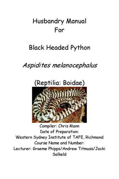 Husbandry Manual For Black Headed Python
