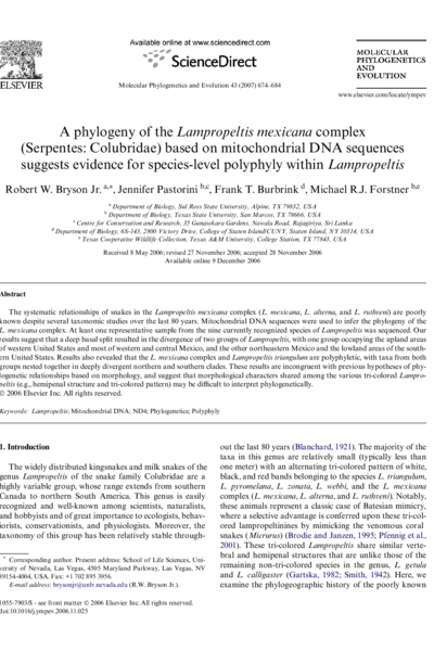A phylogeny of the Lampropeltis mexicana complex (Serpentes: Colubridae) based on mitochondrial DNA sequences suggests evidence for species-level polyphyly within Lampropeltis