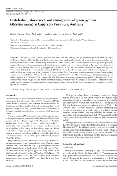Distribution, abundance and demography of green pythons (Morelia viridis) in Cape York Peninsula, Australia