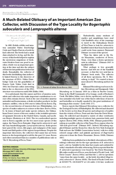 A much-belated obituary of an important American Zoo collector, with discussion of the type locality for Bogertophis subocularis and Lampropeltis alterna