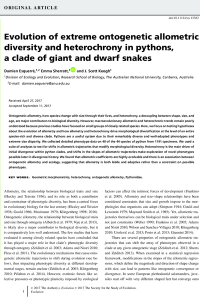 Evolution of extreme ontogenetic allometric diversity and heterochrony in pythons, a clade of giant and dwarf snakes