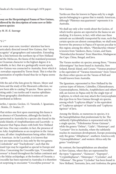 Essay on the Herpetological Fauna of New Guinea, followed by the description of some new or little known species