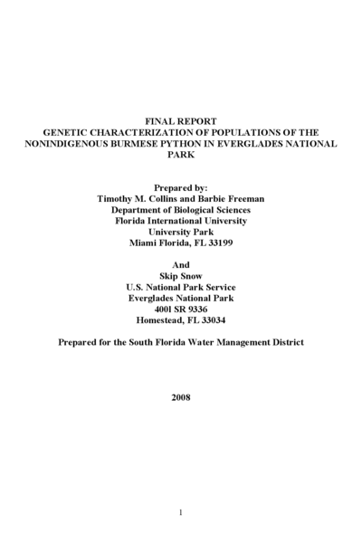 FINAL REPORT GENETIC CHARACTERIZATION OF POPULATIONS OF THE NONINDIGENOUS BURMESE PYTHON IN EVERGLADES NATIONAL PARK
