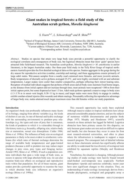 Giant snakes in tropical forests: a field study of the Australian scrub python, Morelia kinghorni