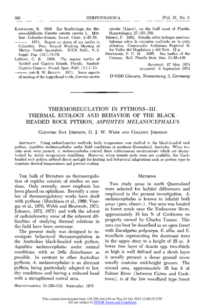Thermoregulation in Pythons-III. Thermal ecology and behavior of the blackheaded rock python, Aspidites melanocephalus