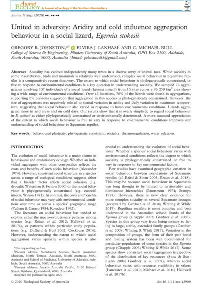 United in adversity: Aridity and cold influence aggregation behaviour in a social lizard, Egernia stokesii