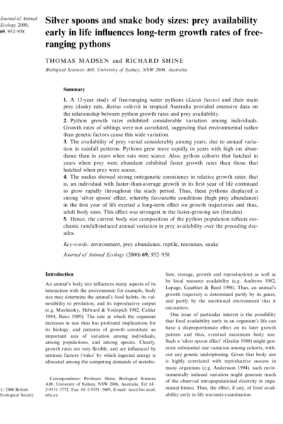 Silver spoons and snake body sizes: prey availability early in life influences long‐term growth rates of free‐ranging pythons
