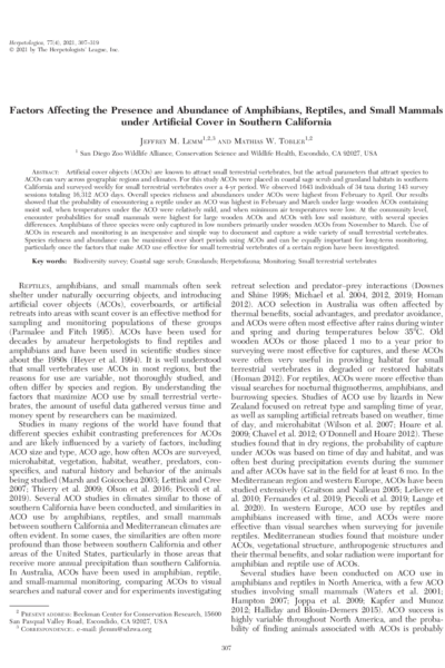 Factors Affecting the Presence and Abundance of Amphibians, Reptiles, and Small Mammals under Artificial Cover in Southern California