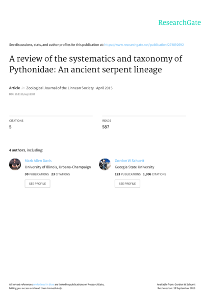 A review of the systematics and taxonomy of Pythonidae: an ancient serpent lineage