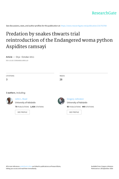 Predation by snakes thwarts trial reintroduction of the Endangered woma python Aspidites ramsayi