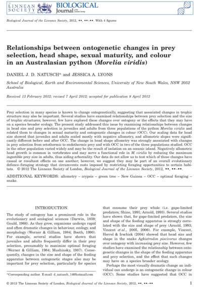 Relationships between ontogenetic changes in prey selection, head shape, sexual maturity, and colour in an Australasian python (Morelia viridis)
