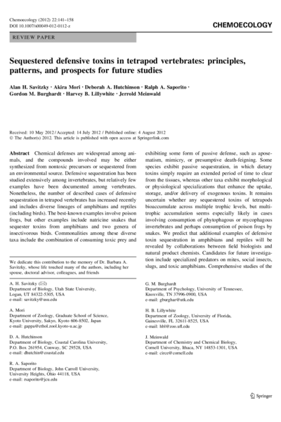 Sequestered defensive toxins in tetrapod vertebrates: principles, patterns, and prospects for future studies