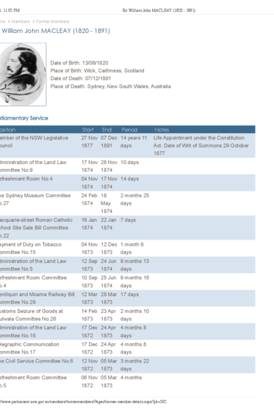 Sir William John Macleay (1820 - 1891) Parliamentary Service Records