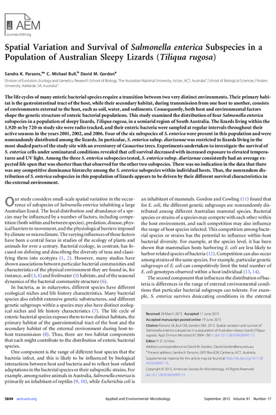 Spatial Variation and Survival of Salmonella enterica Subspecies in a Population of Australian Sleepy Lizards (Tiliqua rugosa)