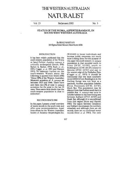 Status of the woma, Aspidites ramsayi, in south-west Western Australia