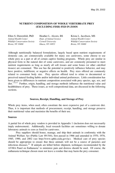 Nutrient composition of whole vertebrate prey (excluding fish) fed in zoos