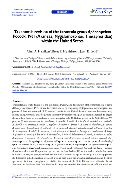 Taxonomic revision of the tarantula genus Aphonopelma Pocock, 1901 (Araneae, Mygalomorphae, Theraphosidae) within the United States