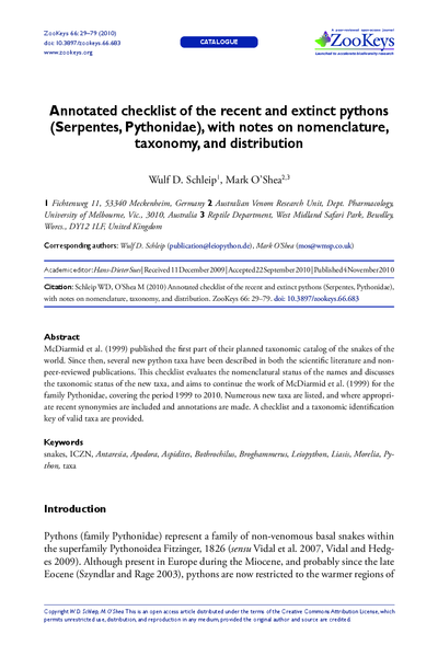 Annotated checklist of the recent and extinct pythons (Serpentes, Pythonidae), with notes on nomenclature, taxonomy, and distribution