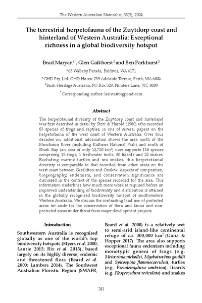 The terrestrial herpetofauna of the Zuytdorp coast and hinterland of Western Australia: Exceptional richness in a global biodiversity hotspot.