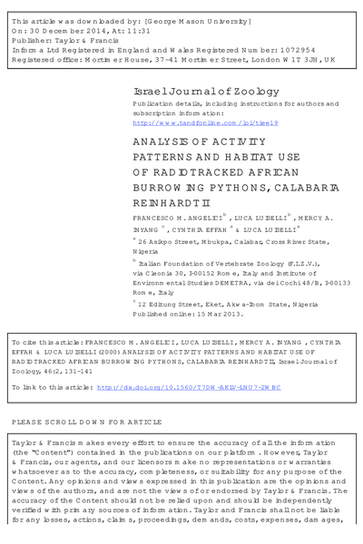 Analysis of activity patterns and habitat use of radiotracked African burrowing pythons, Calabaria reinhardtii