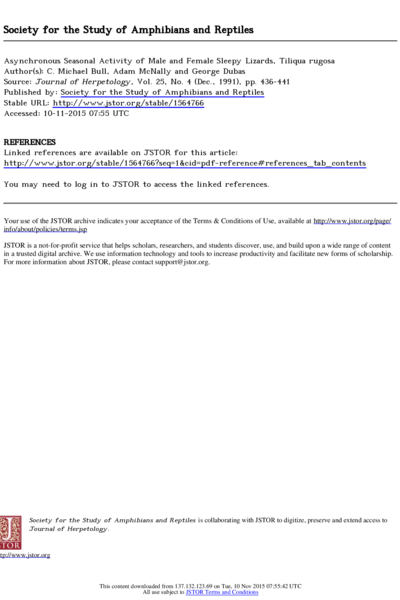 Asynchronous Seasonal Activity of Male and Female Sleepy Lizards, Tiliqua rugosa