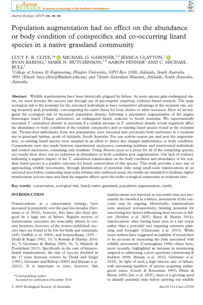 Population augmentation had no effect on the abundance or body condition of conspecifics and co‐occurring lizard species in a native grassland community