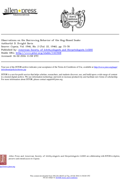 Observations on the Burrowing Behavior of the Hog-Nosed Snake