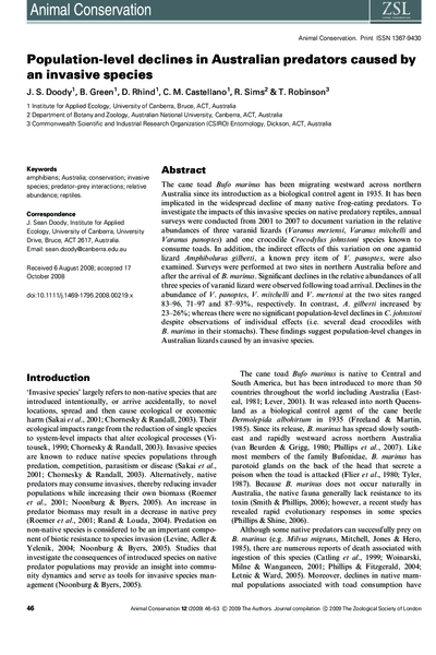 Population‐level declines in Australian predators caused by an invasive species