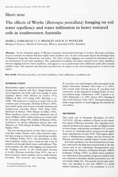The effects of Woylie (Bettongia penicillata) foraging on soil water repellency and water infiltration in heavy textured soils in southwestern Australia