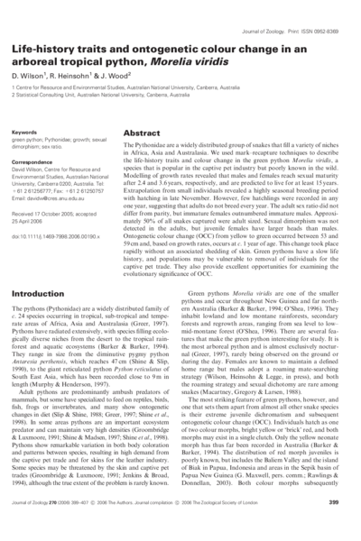 Life‐history traits and ontogenetic colour change in an arboreal tropical python, Morelia viridis