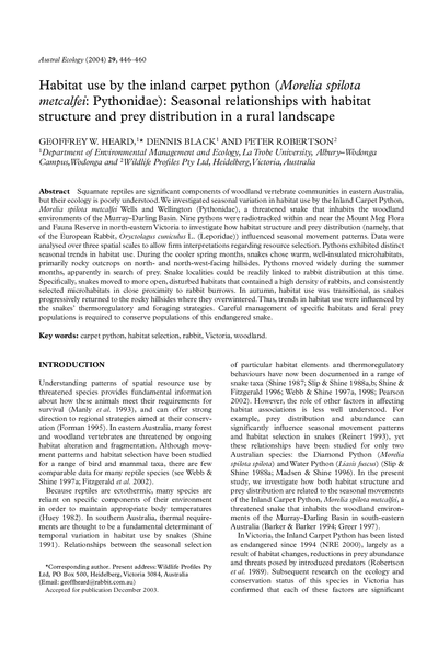 Habitat use by the inland carpet python (Morelia spilota metcalfei: Pythonidae): Seasonal relationships with habitat structure and prey distribution in a rural landscape
