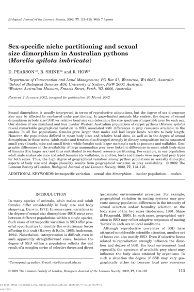 Sexspecific niche partitioning and sexual size dimorphism in Australian pythons (Morelia spilota imbricata)