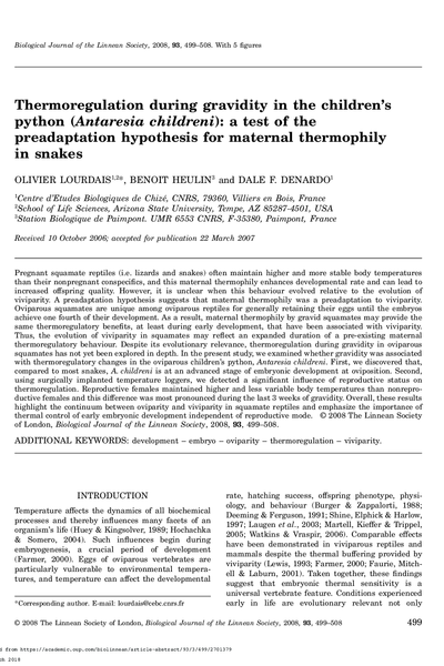 Thermoregulation during gravidity in the children's python (Antaresia childreni): a test of the preadaptation hypothesis for maternal thermophily in snakes