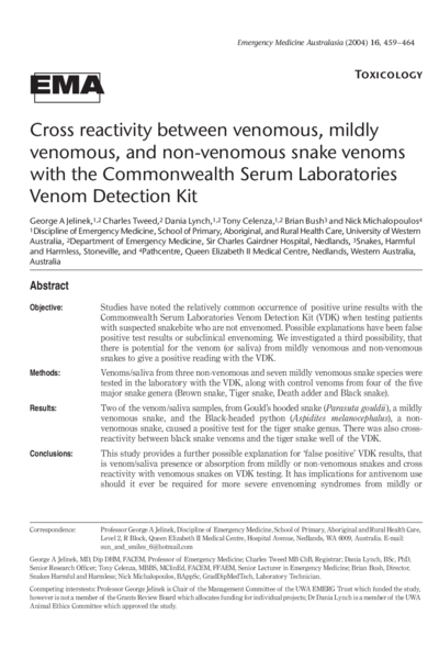 Cross reactivity between venomous, mildly venomous, and non-venomous snake venoms with the Commonwealth Serum Laboratories Venom Detection Kit