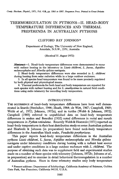 Thermoregulation in pythons—II. Head-body temperature differences and thermal preferenda in australian pythons