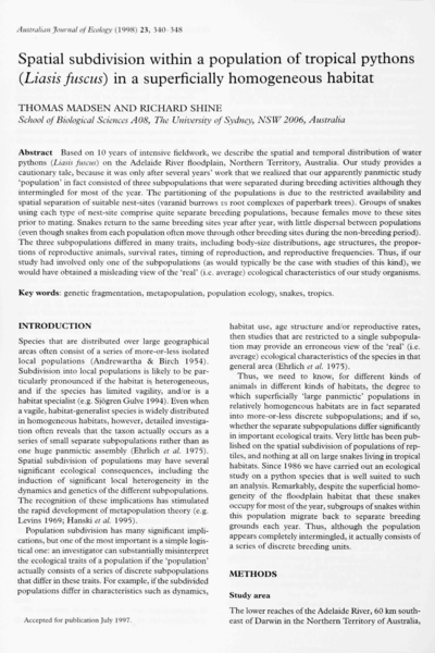 Spatial subdivision within a population of tropical pythons (Liasis fuscus) in a superficially homogeneous habitat