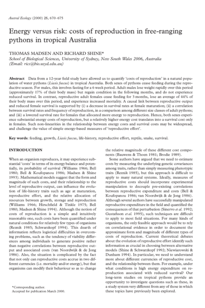 Energy versus risk: costs of reproduction in free‐ranging pythons in tropical Australia