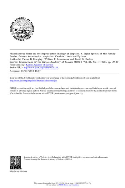 Miscellaneous Notes on the Reproductive Biology of Reptiles. 4. Eight Species of the Family Boidae, Genera Acrantophis, Aspidites, Candoia, Liasis and Python